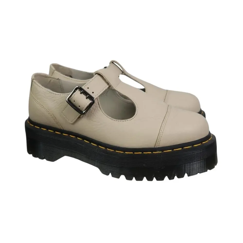 Dr. Martens Bethan Mary-Jane Beige Pisa Leather Platform Lug Sole Shoes 9